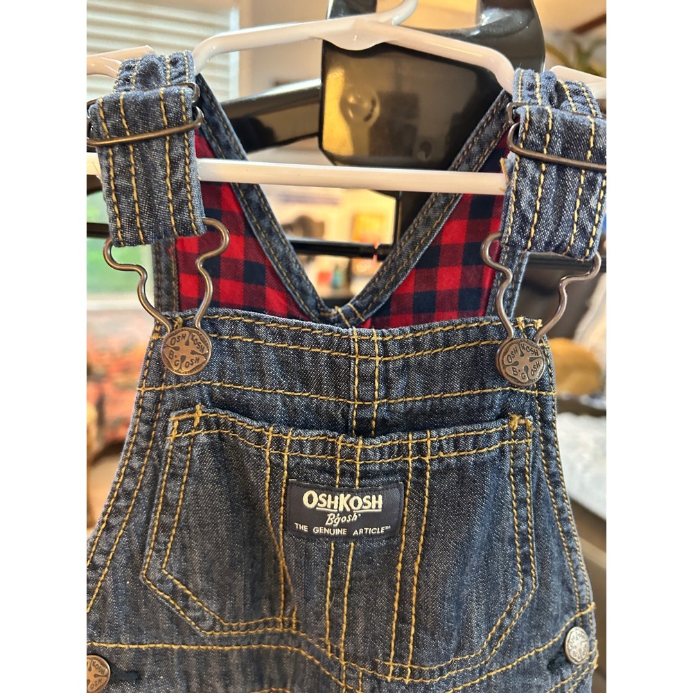 OshKosh Bgosh Kids 12M Blue Denim Flannel Lined Overalls Buffalo Plaid Vestbak